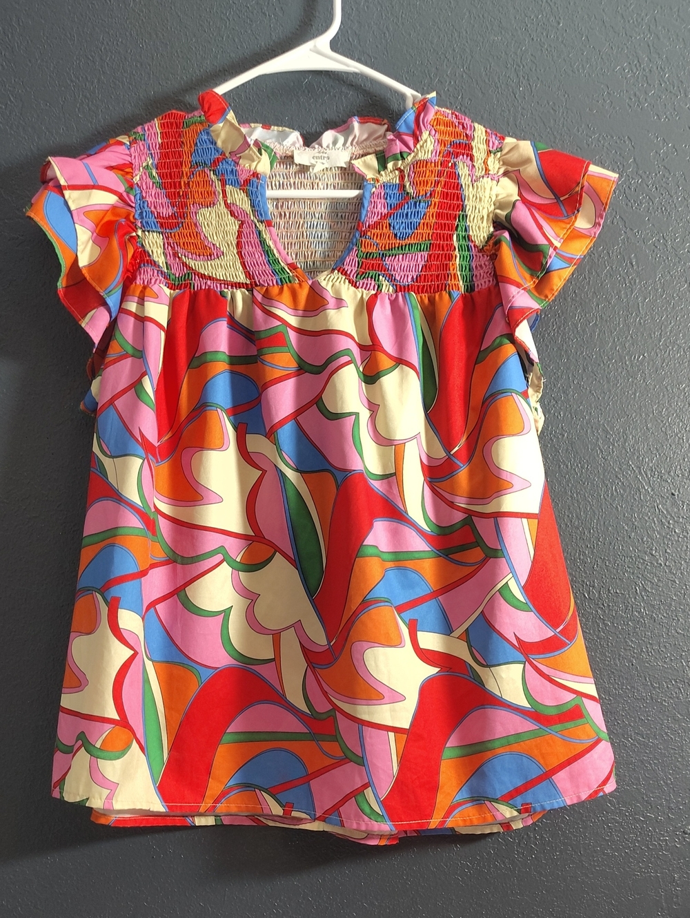 entro 70s Retro Pattern Pastel Multi-Color Smocked Top